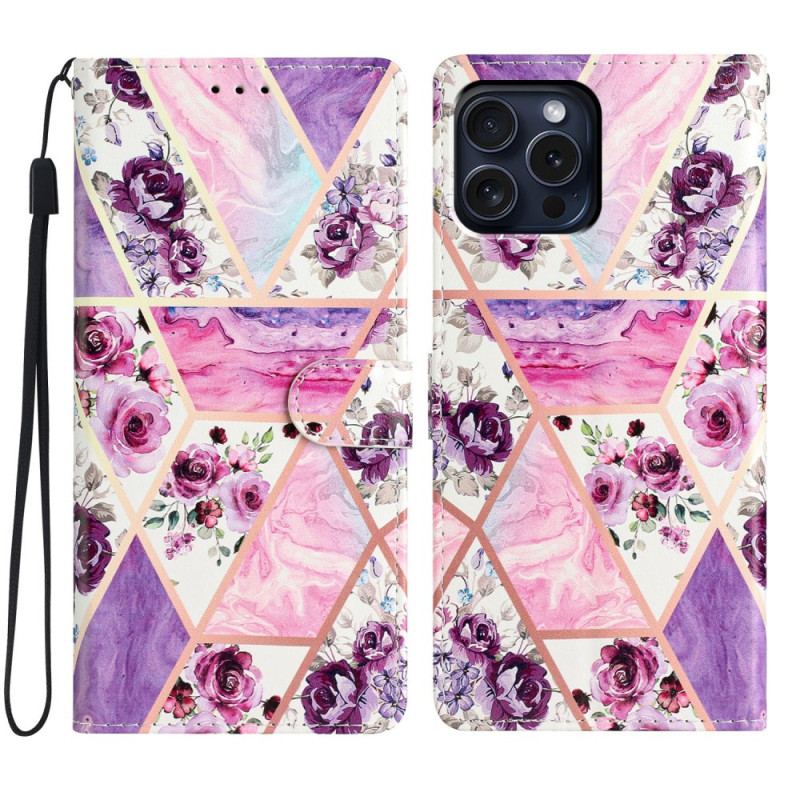 Housse iPhone 16 Pro Fleurs Violettes à Lanière