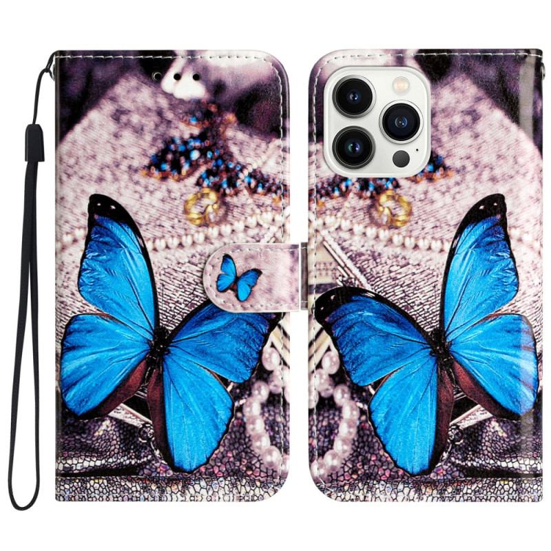 Housse iPhone 16 Pro Papillon Bleu à Lanière