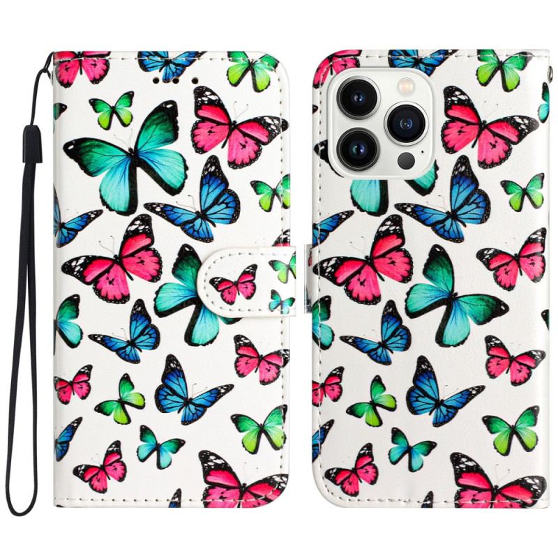 Housse iPhone 16 Pro Papillons Colorés à Lanière