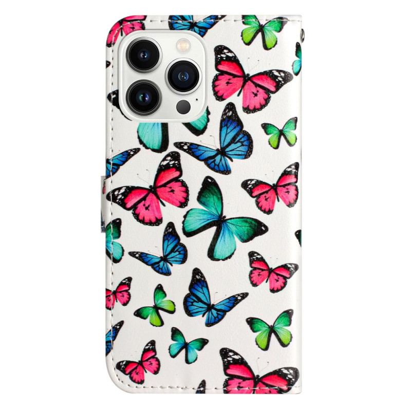 Housse iPhone 16 Pro Papillons Colorés à Lanière