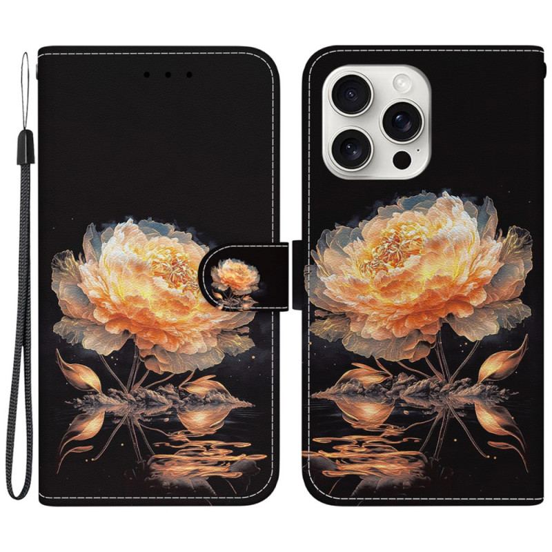 Housse iPhone 16 Pro Pivoine Dorée à Lanière