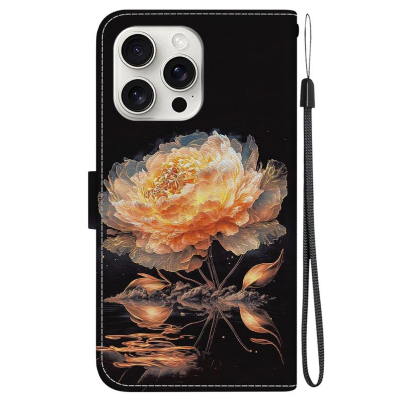 Housse iPhone 16 Pro Pivoine Dorée à Lanière