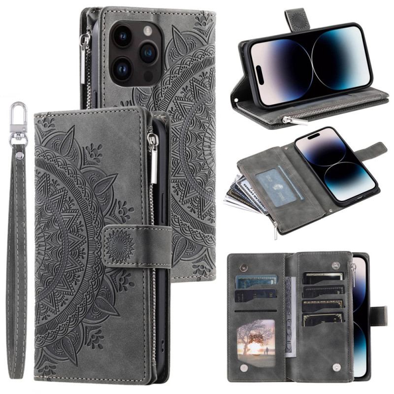 Housse iPhone 16 Pro Portefeuille Effet Daim Mandala