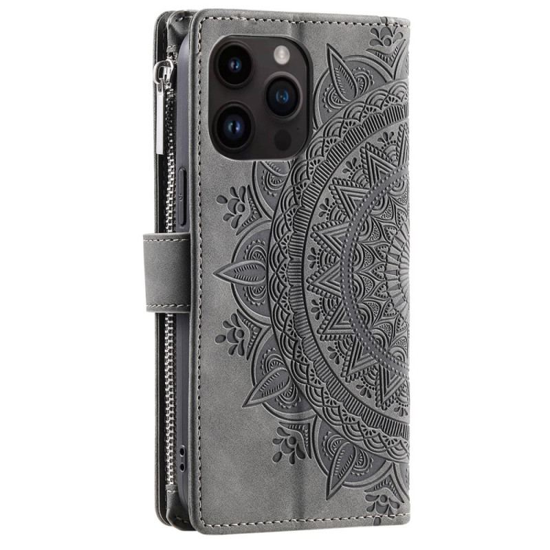 Housse iPhone 16 Pro Portefeuille Effet Daim Mandala