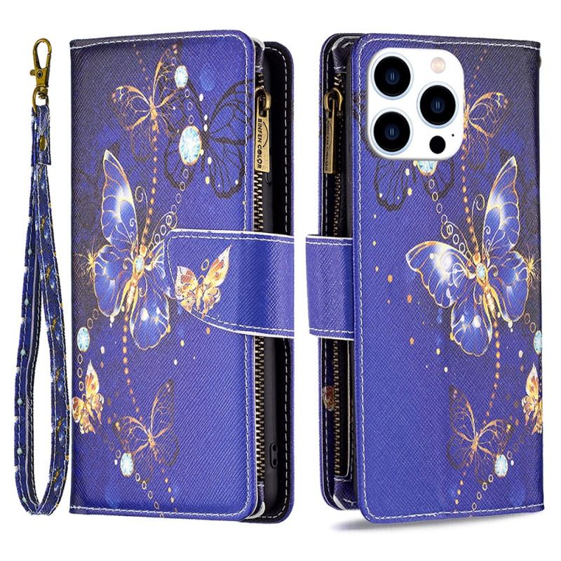 Housse iPhone 16 Pro Portefeuille Papillons Pourpres