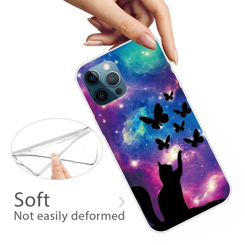 Coque iPhone 13 Pro Chat et Papillons Dans l'Espace