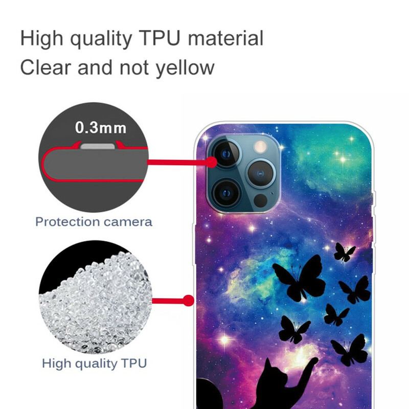 Coque iPhone 13 Pro Chat et Papillons Dans l'Espace