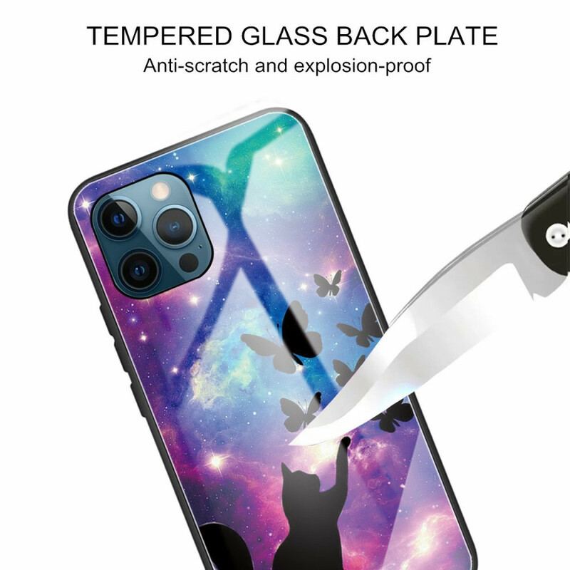 Coque iPhone 13 Pro Verre Trempé Chat et Papillons Dans l'Espace