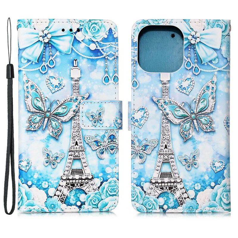 Housse iPhone 13 Pro Tour Eiffel Papillons à Lanière