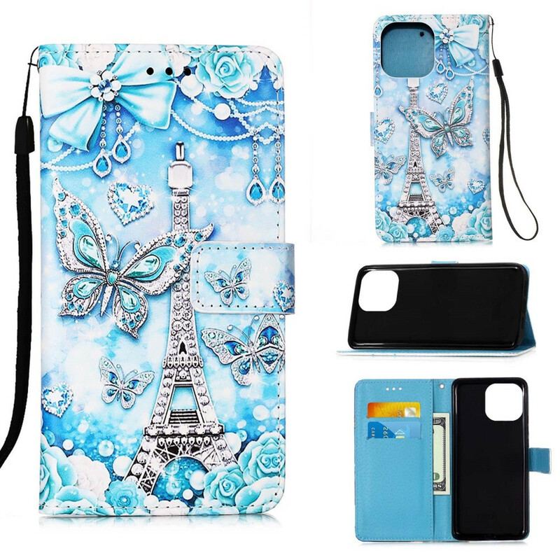 Housse iPhone 13 Pro Tour Eiffel Papillons à Lanière