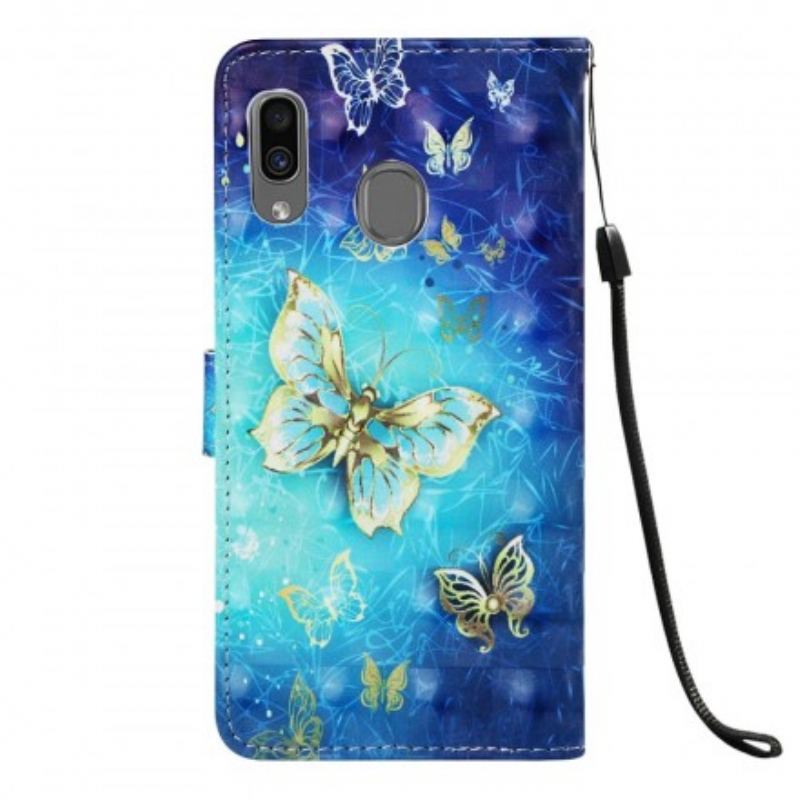 Housse Samsung Galaxy A30 / A20 Papillons Dorés à Lanière