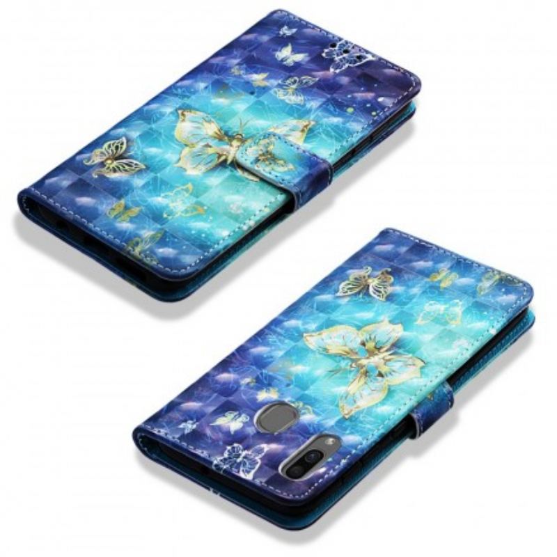 Housse Samsung Galaxy A30 / A20 Papillons Dorés à Lanière