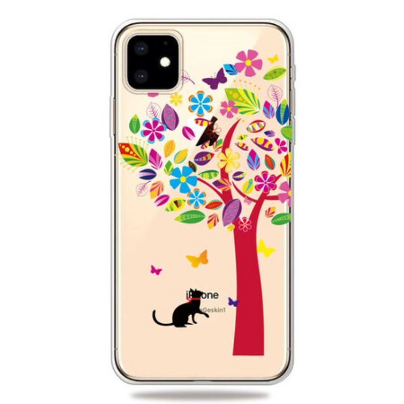 Coque iPhone 11 Chat sous l'Arbre Coloré