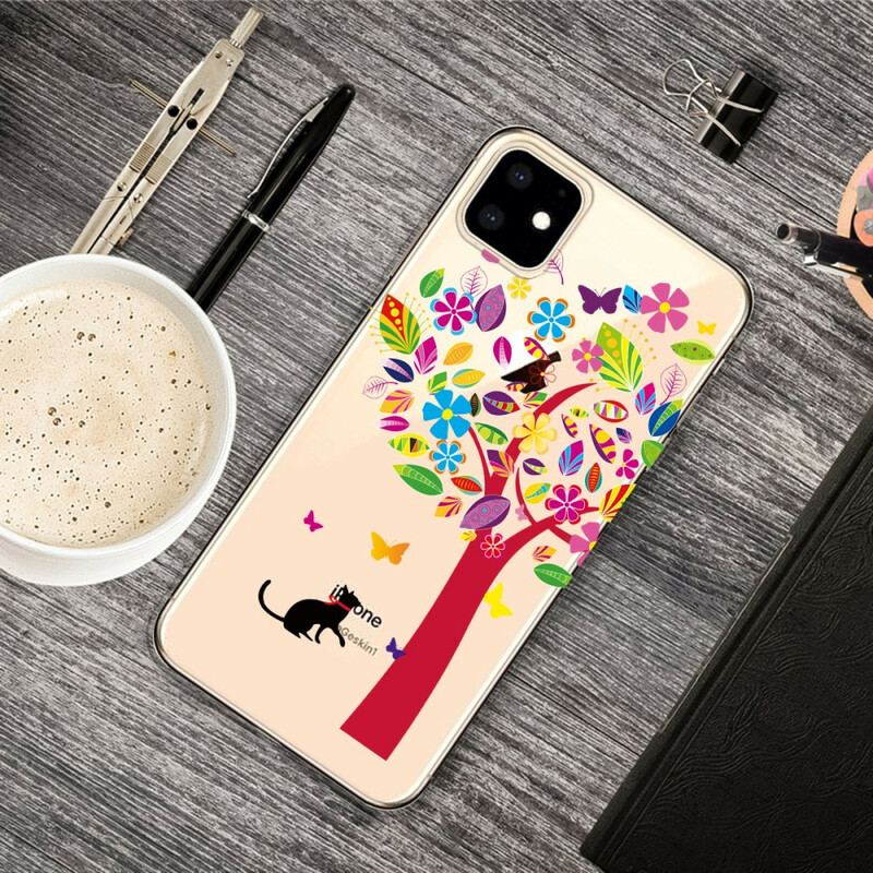 Coque iPhone 11 Chat sous l'Arbre Coloré