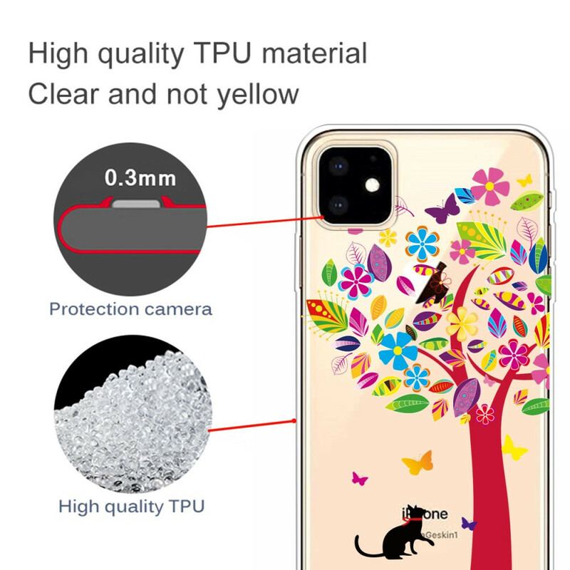 Coque iPhone 11 Chat sous l'Arbre Coloré