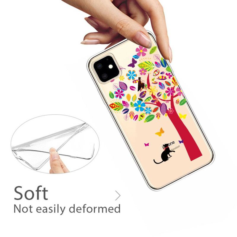 Coque iPhone 11 Chat sous l'Arbre Coloré