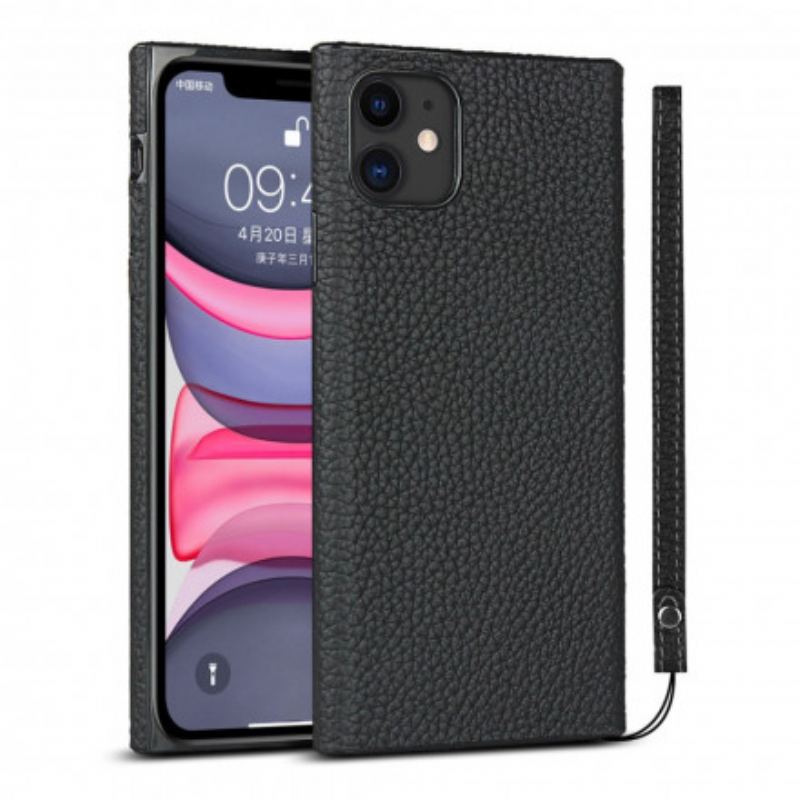 Coque iPhone 11 Véritable Cuir Litchi avec Lanière