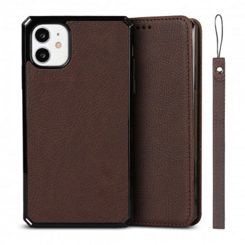 Flip Cover iPhone 11 Cuir Litchi Véritable à Lanière