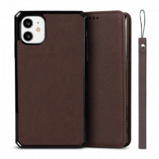 Flip Cover iPhone 11 Cuir Litchi Véritable à Lanière