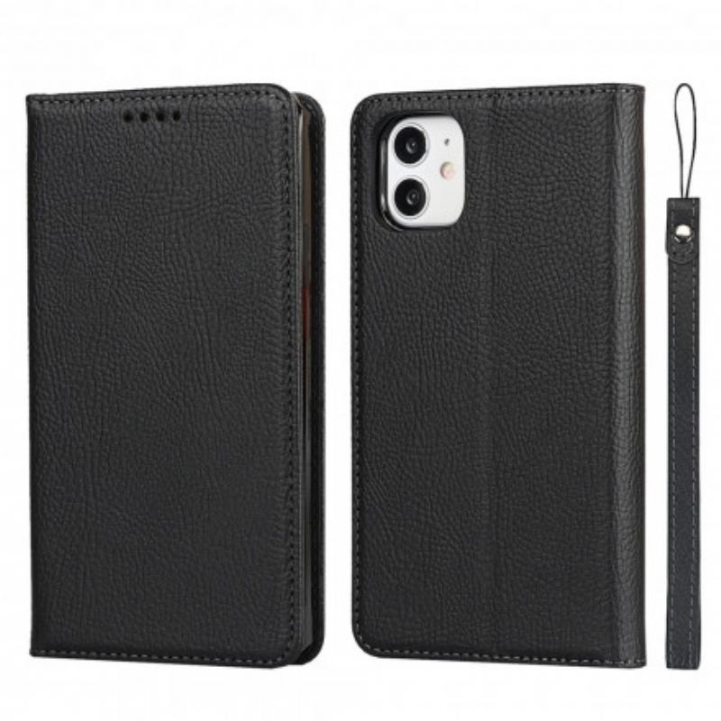 Flip Cover iPhone 11 Cuir Litchi Véritable à Lanière