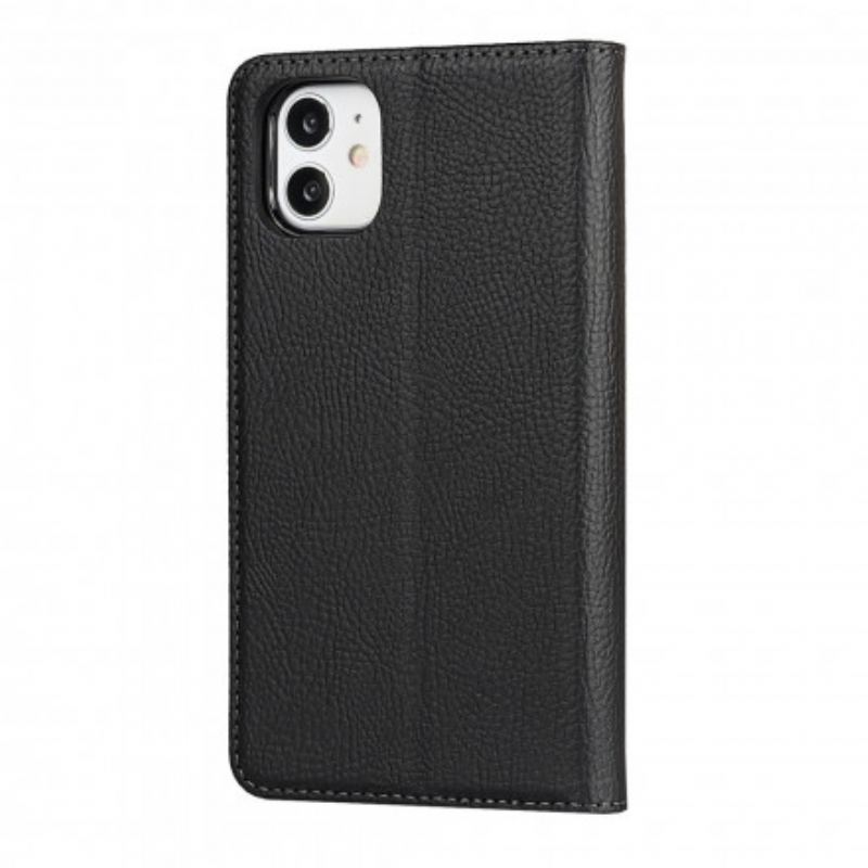 Flip Cover iPhone 11 Cuir Litchi Véritable à Lanière