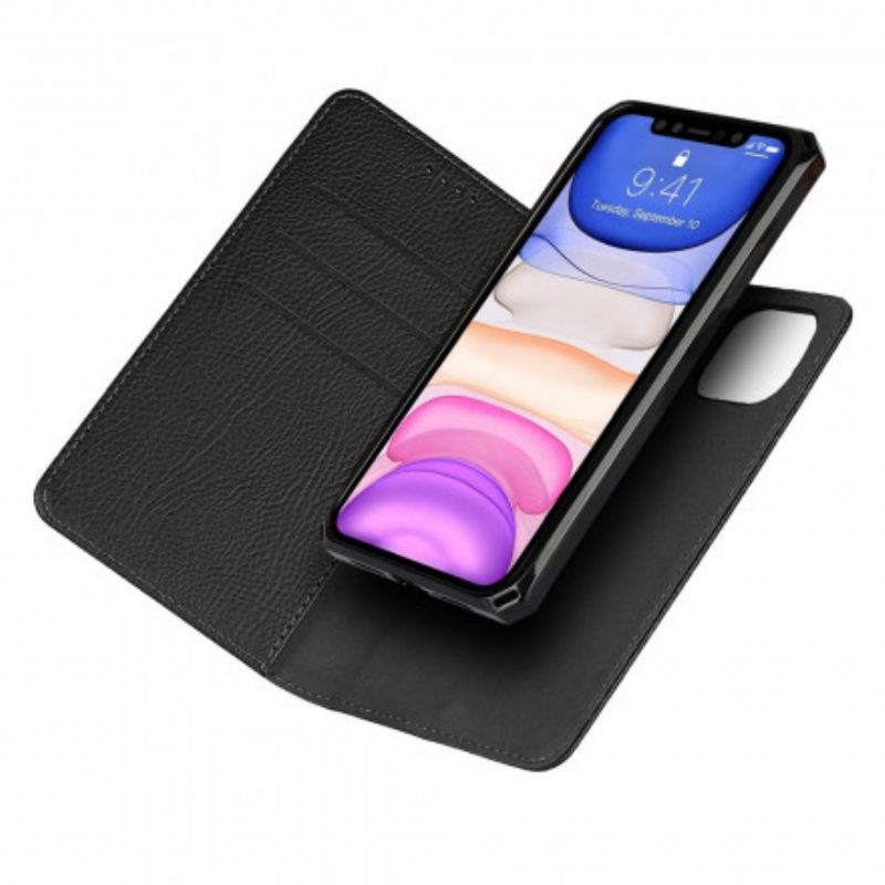 Flip Cover iPhone 11 Cuir Litchi Véritable à Lanière