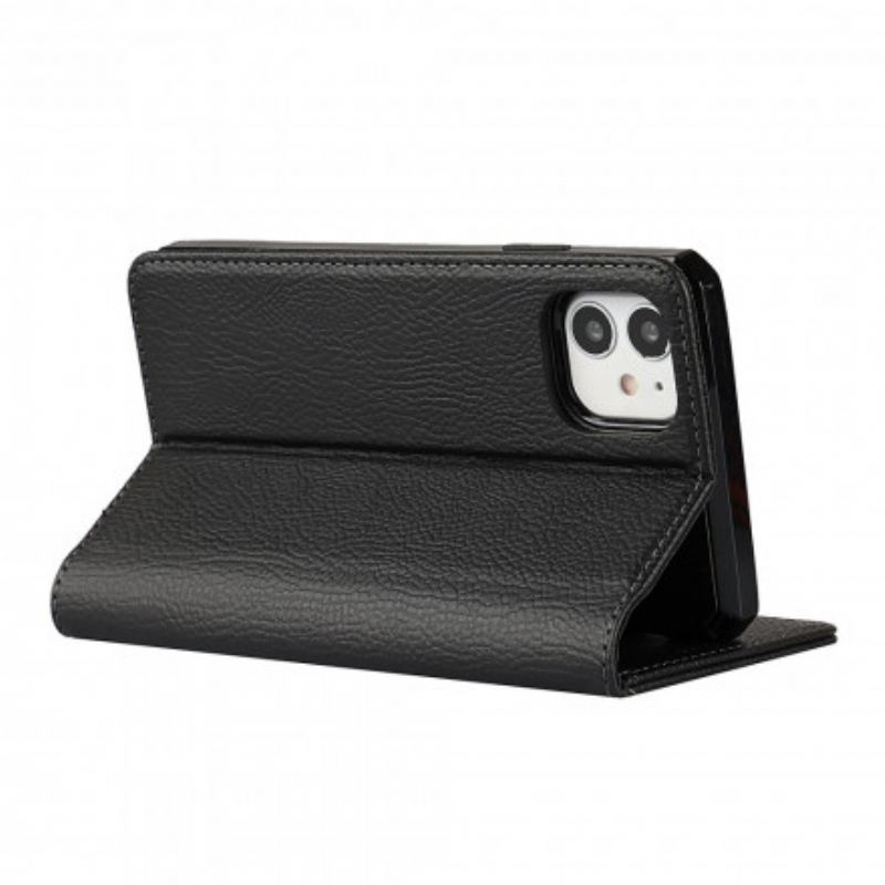 Flip Cover iPhone 11 Cuir Litchi Véritable à Lanière