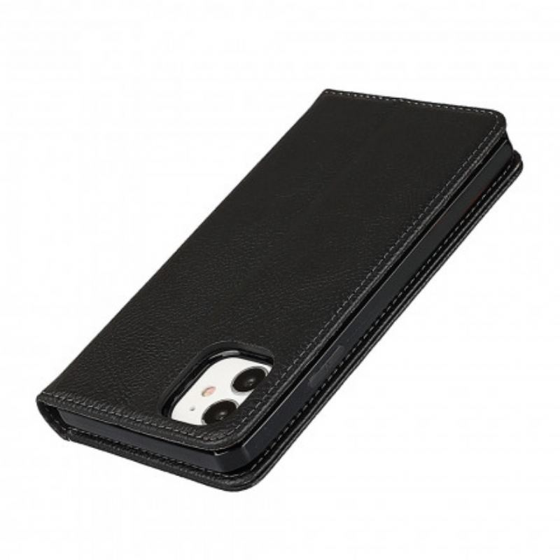 Flip Cover iPhone 11 Cuir Litchi Véritable à Lanière