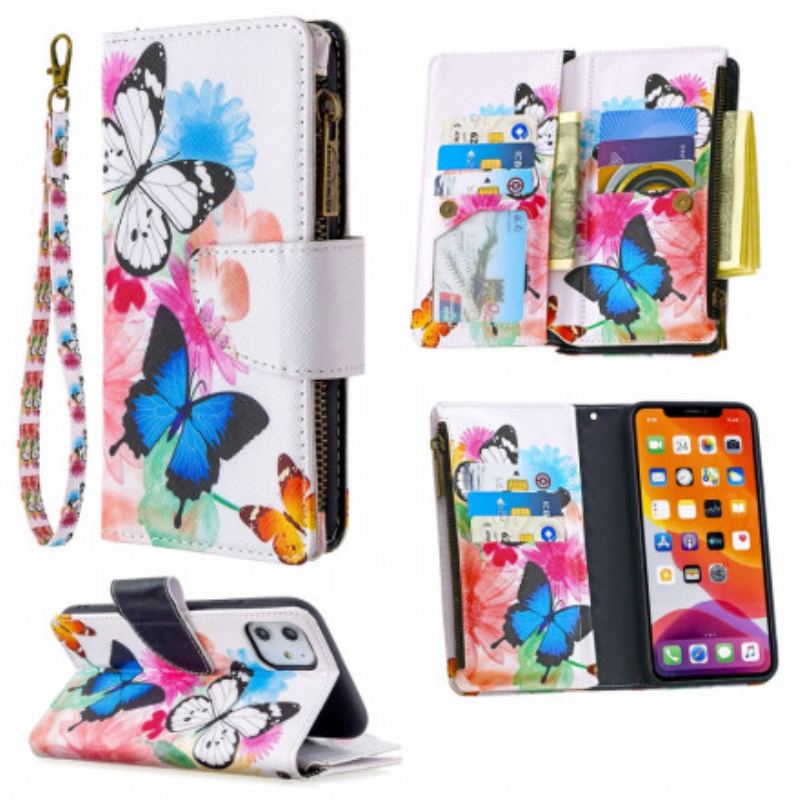 Housse iPhone 11 Poche Zippée Papillons