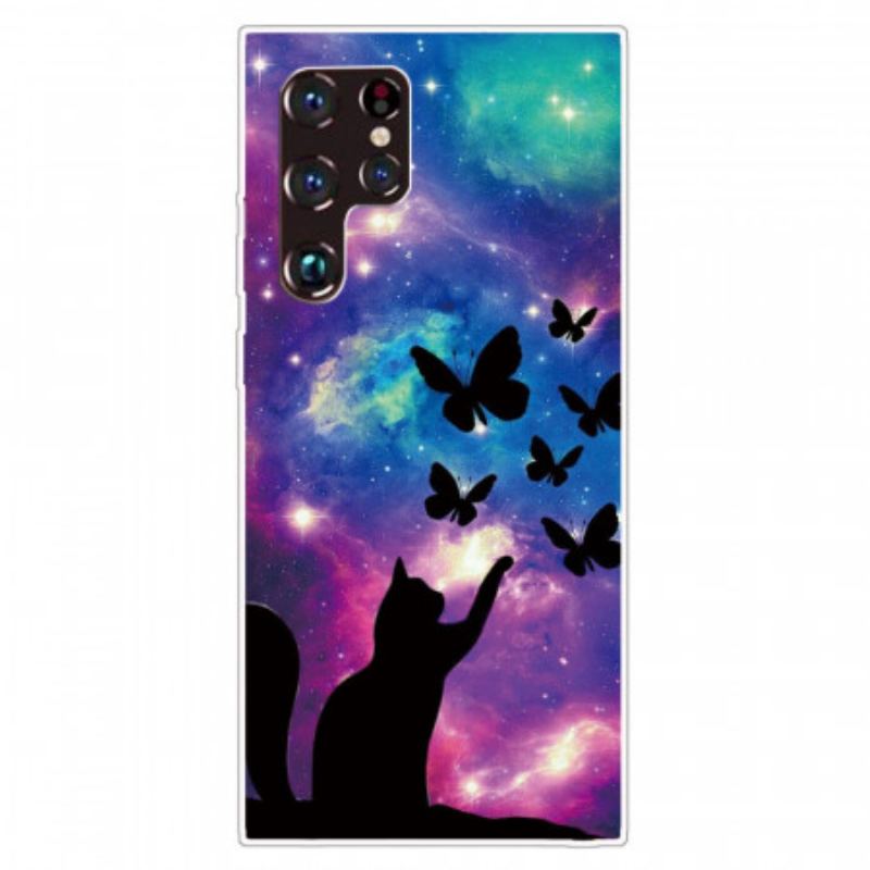 Coque Samsung Galaxy S22 Ultra 5G Chat et Papillons Dans l'Espace