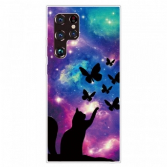 Coque Samsung Galaxy S22 Ultra 5G Chat et Papillons Dans l'Espace