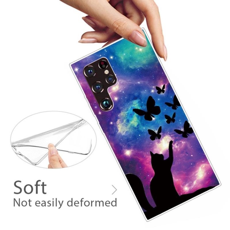 Coque Samsung Galaxy S22 Ultra 5G Chat et Papillons Dans l'Espace