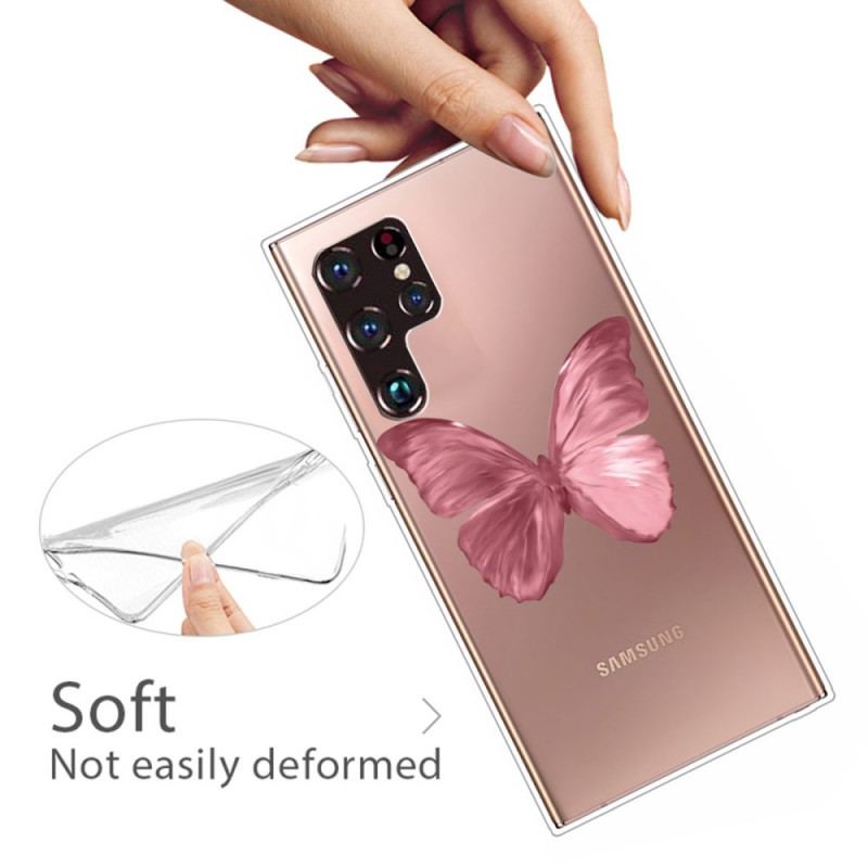 Coque Samsung Galaxy S22 Ultra 5G Flexible Papillon Rose