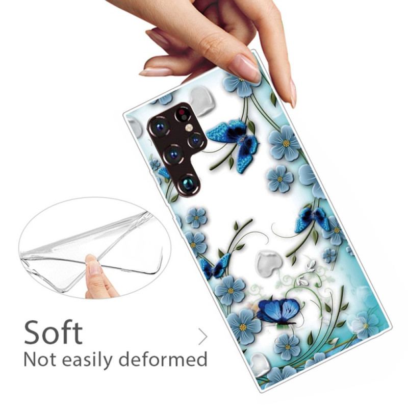 Coque Samsung Galaxy S22 Ultra 5G Papillons et Fleurs Rétros