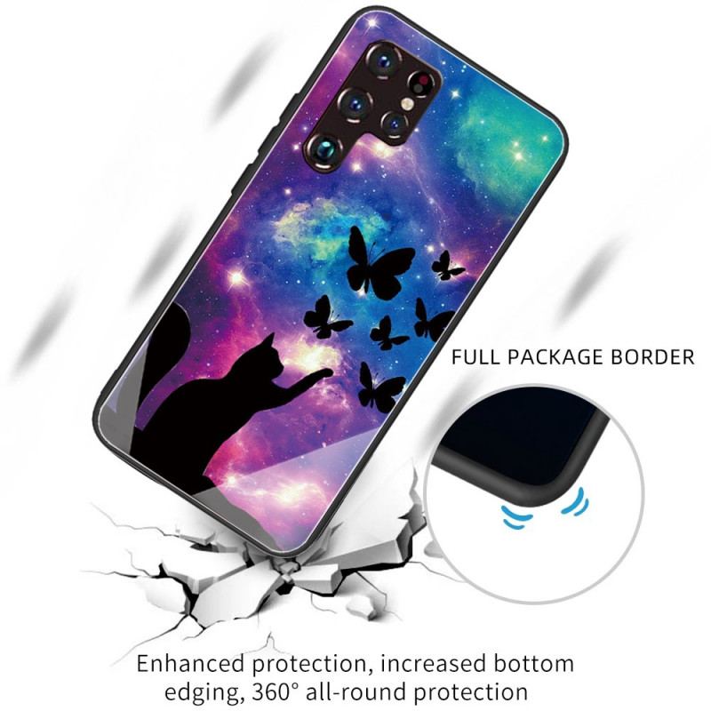 Coque Samsung Galaxy S22 Ultra 5G Verre Trempé Chat et Papillons Dans l'Espace