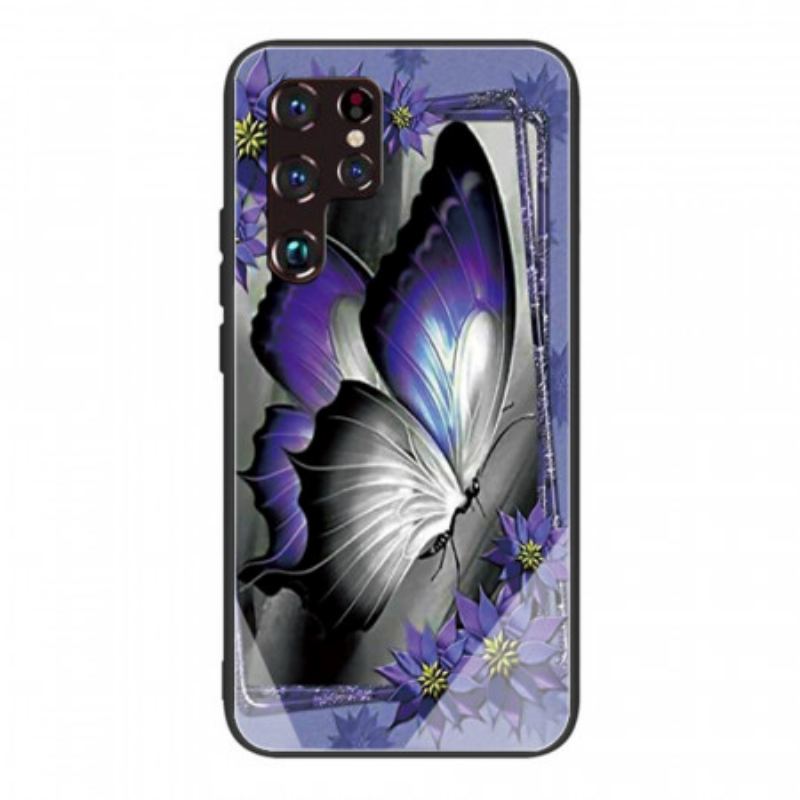 Coque Samsung Galaxy S22 Ultra 5G Verre Trempé Papillon Violet