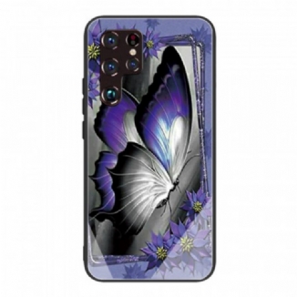 Coque Samsung Galaxy S22 Ultra 5G Verre Trempé Papillon Violet