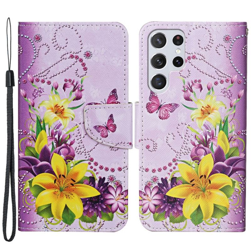 Housse Samsung Galaxy S22 Ultra 5G Fleurs Magistrales avec Lanière