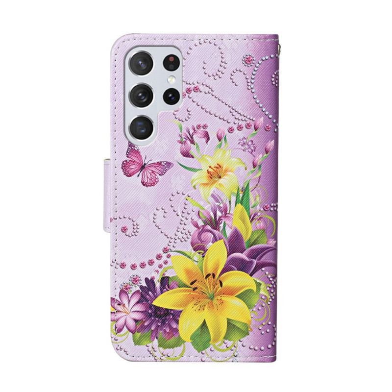 Housse Samsung Galaxy S22 Ultra 5G Fleurs Magistrales avec Lanière