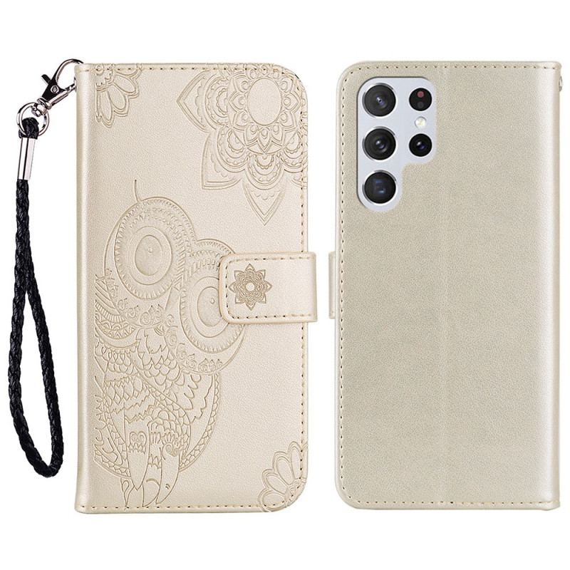 Housse Samsung Galaxy S22 Ultra 5G Hibou Mandala et Lanière