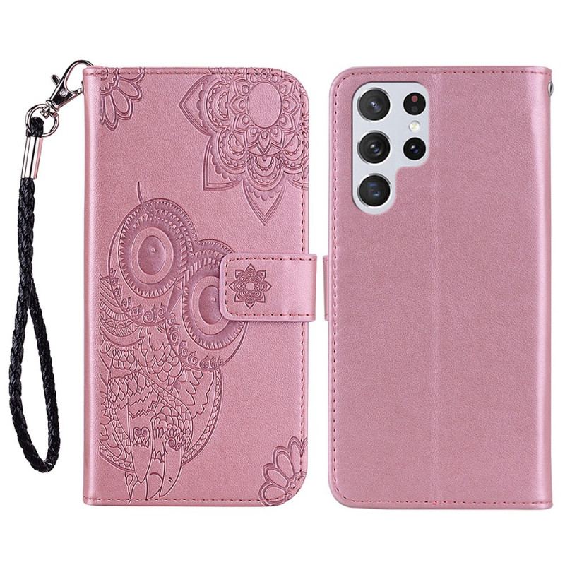 Housse Samsung Galaxy S22 Ultra 5G Hibou Mandala et Lanière