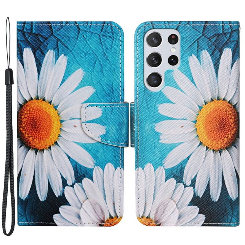 Housse Samsung Galaxy S22 Ultra 5G Marguerites à Lanière