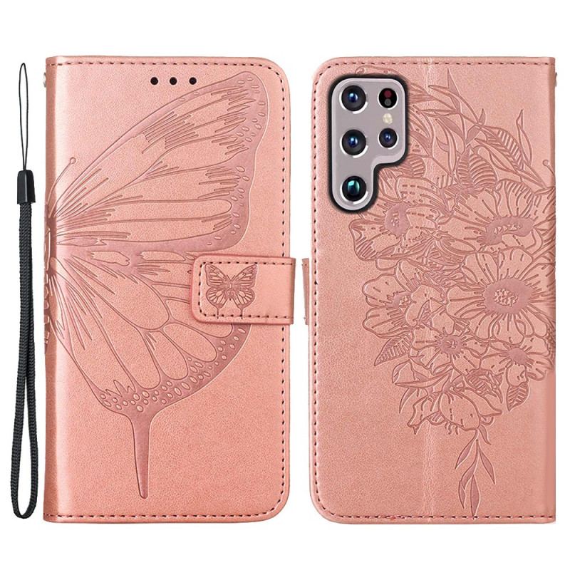 Housse Samsung Galaxy S22 Ultra 5G Papillon Design avec Lanière