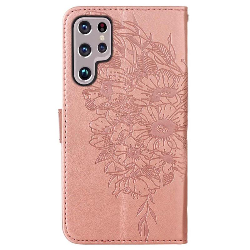 Housse Samsung Galaxy S22 Ultra 5G Papillon Design avec Lanière