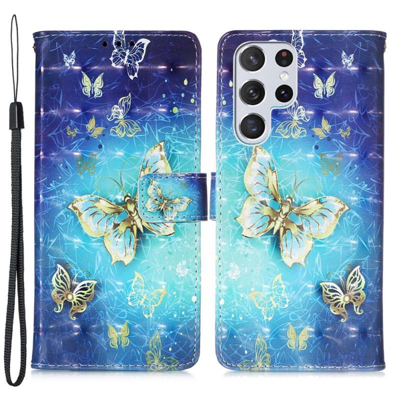 Housse Samsung Galaxy S22 Ultra 5G Papillons Dorés Lanière