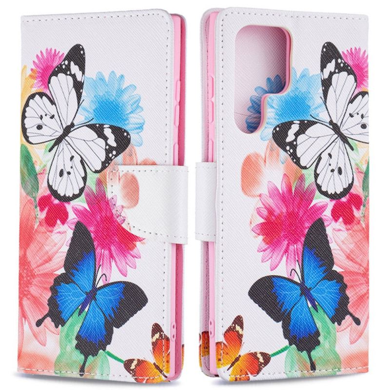 Housse Samsung Galaxy S22 Ultra 5G Papillons et Fleurs Peints