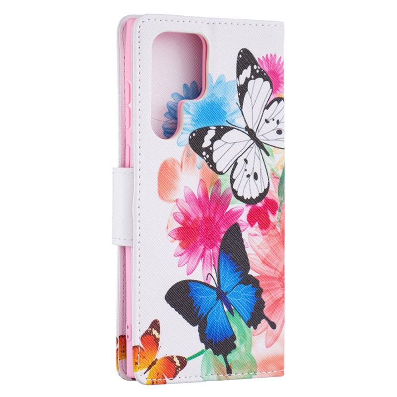 Housse Samsung Galaxy S22 Ultra 5G Papillons et Fleurs Peints