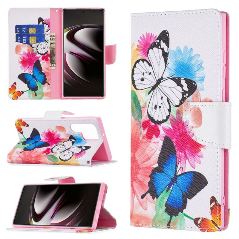 Housse Samsung Galaxy S22 Ultra 5G Papillons et Fleurs Peints