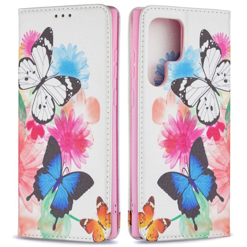 Housse Samsung Galaxy S22 Ultra 5G Papillons et Fleurs Peints