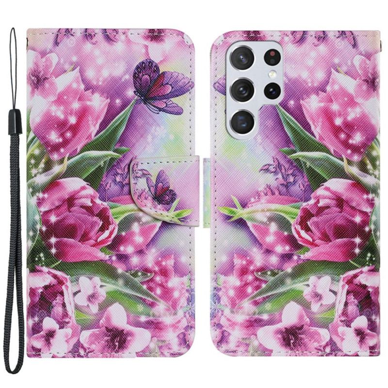 Housse Samsung Galaxy S22 Ultra 5G Papillons et Tulipes